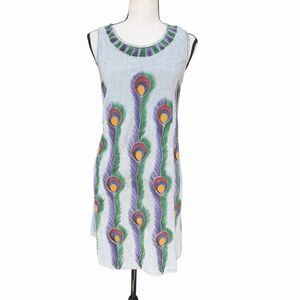 VTG Y2K Magic India Peacock Print Tie Back Cotton Dress Boho Festival S/M